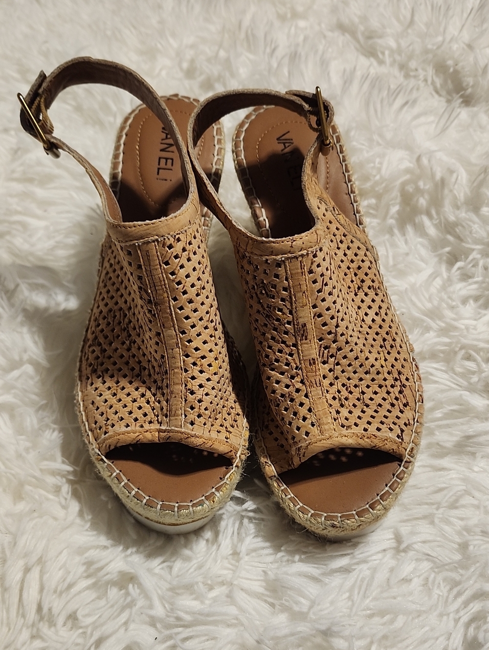 Vaneli Tan Perforated Leather Espadrille Wedge Sandals with Ankle Strap Size 8N